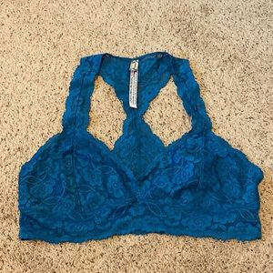 Free People deep blue/teal lace racer back bralette, size Large